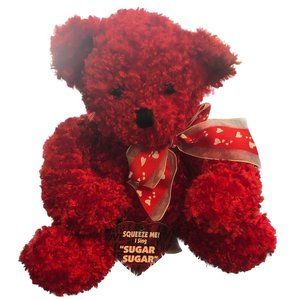 Red Teddy Bear Plush Red & White Ribbon White Hearts Dan Dee 8"